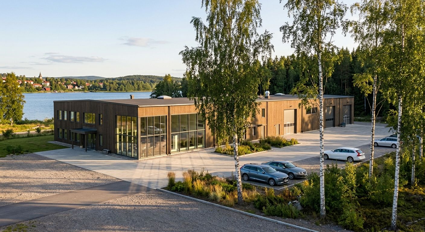 Kontor och produktionshall för ett svenskt industribolag vid en sjö